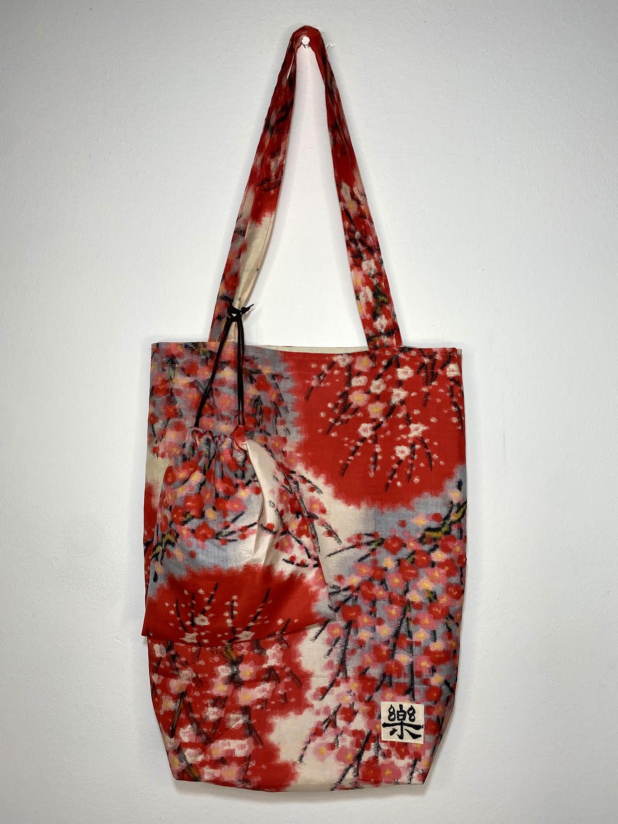 Vintage Kimono Patch Work Tote Bag with Tassel / Red Japanese Tote Bag